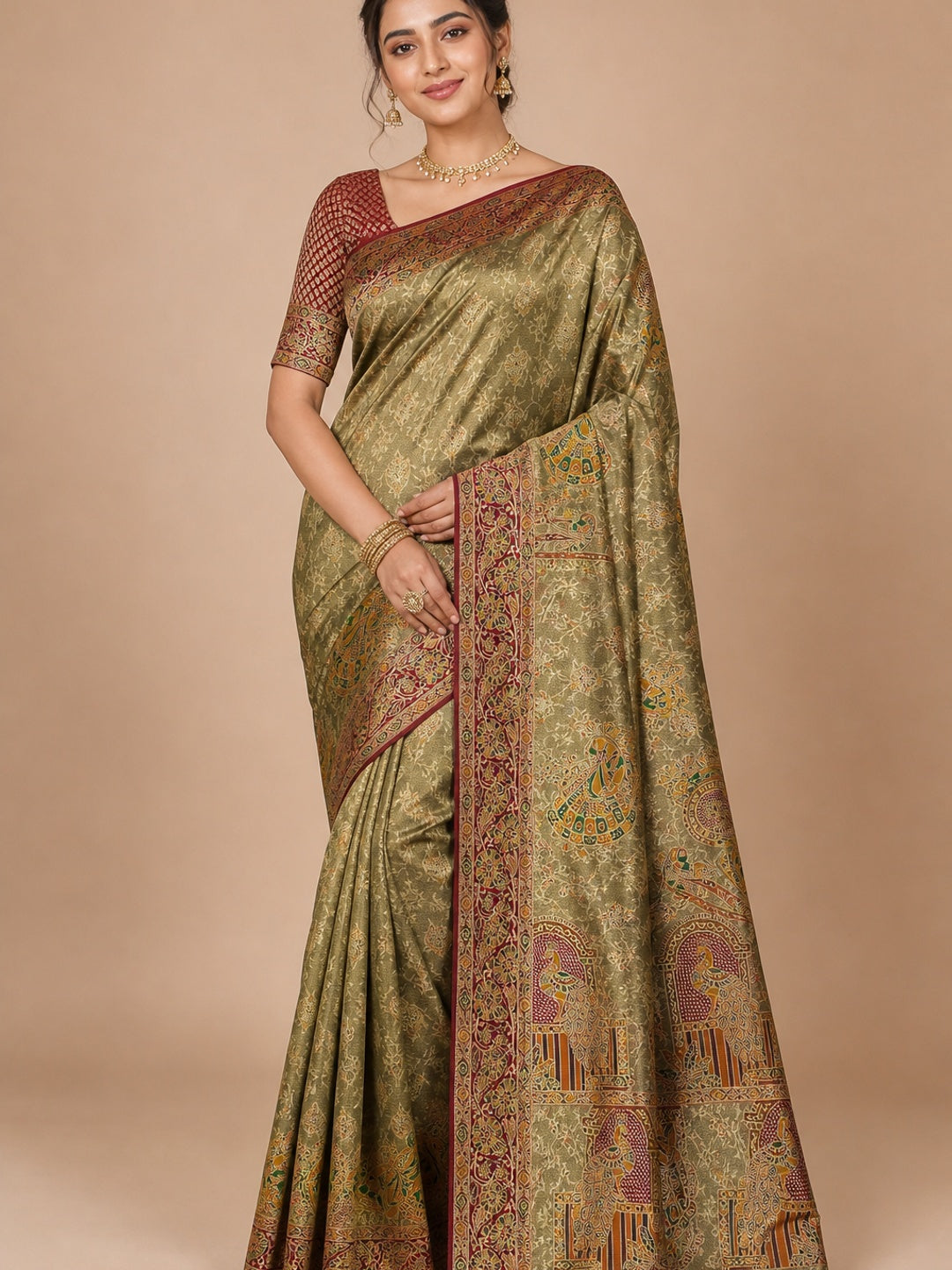 Peachmode Olive Kanjivaram Silk Woven Saree - Image 1