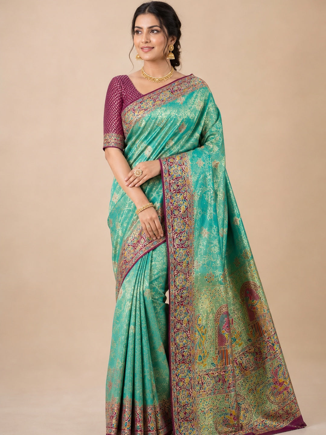 Peachmode Teal Kanjivaram Silk Woven Saree - Image 1