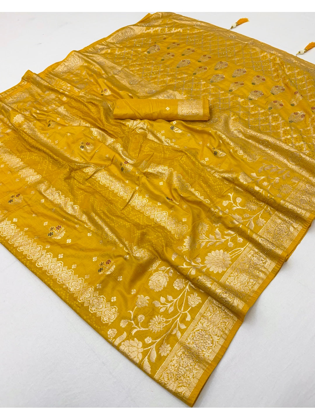 Peachmode Mustard Dola Silk Woven Saree - Image 3