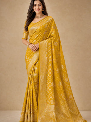 Peachmode Mustard Dola Silk Woven Saree - Image 1