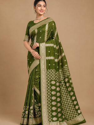 Peachmode Green Dola Silk Woven Saree - Image 1
