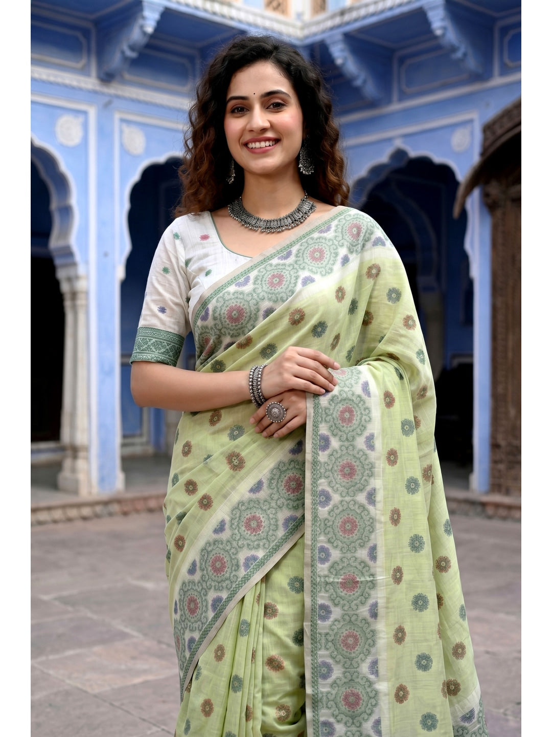 Peachmode Green Cotton Blend Aananya Saree - Image 2