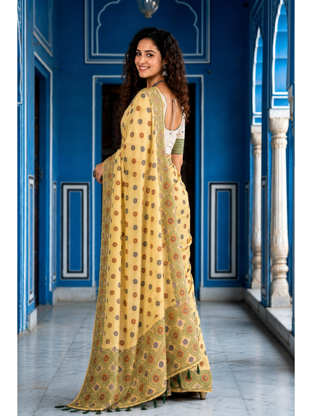 Peachmode Mustard Cotton Blend Aananya Saree - Image 3