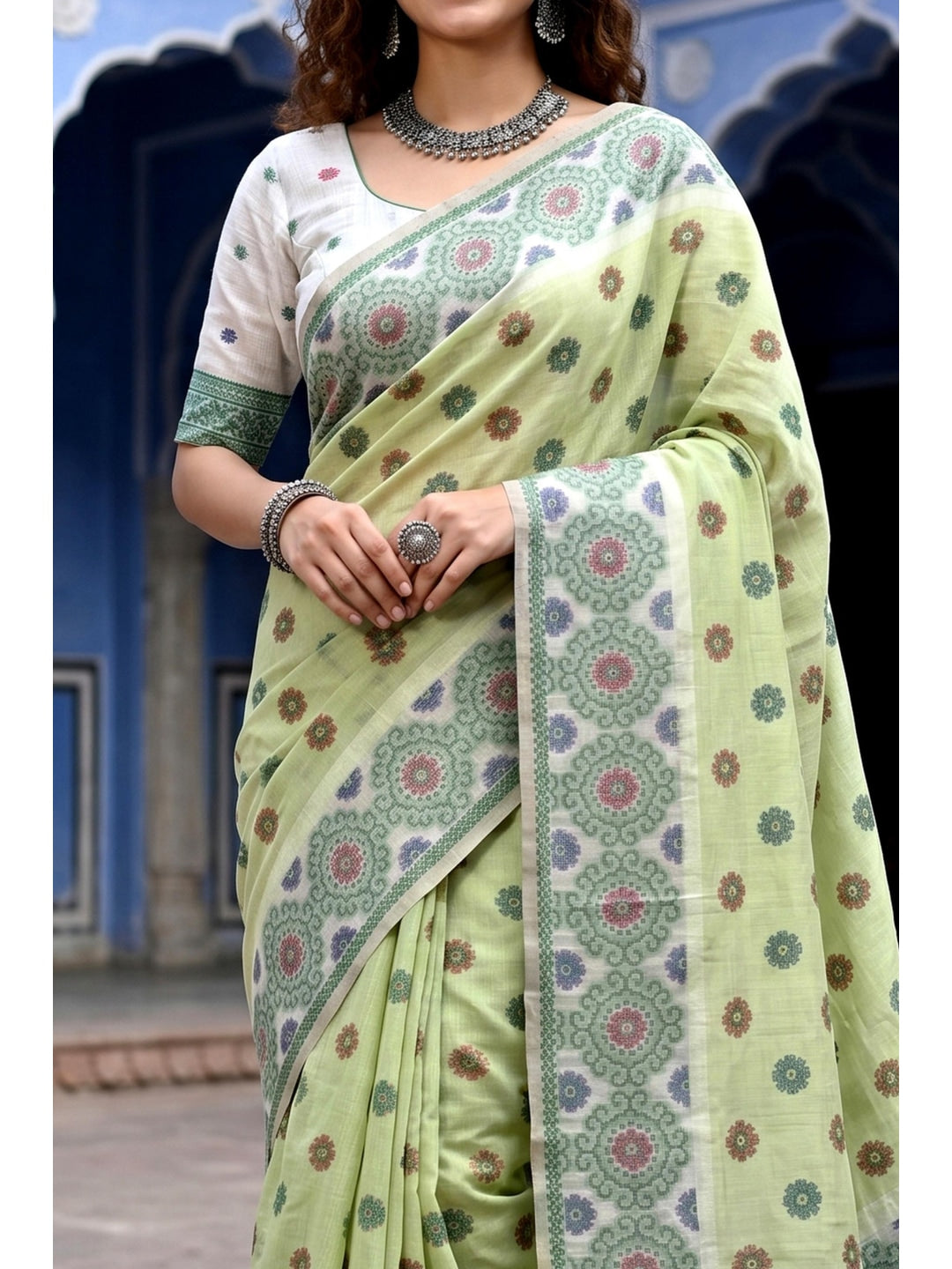 Peachmode Green Cotton Blend Aananya Saree - Image 5