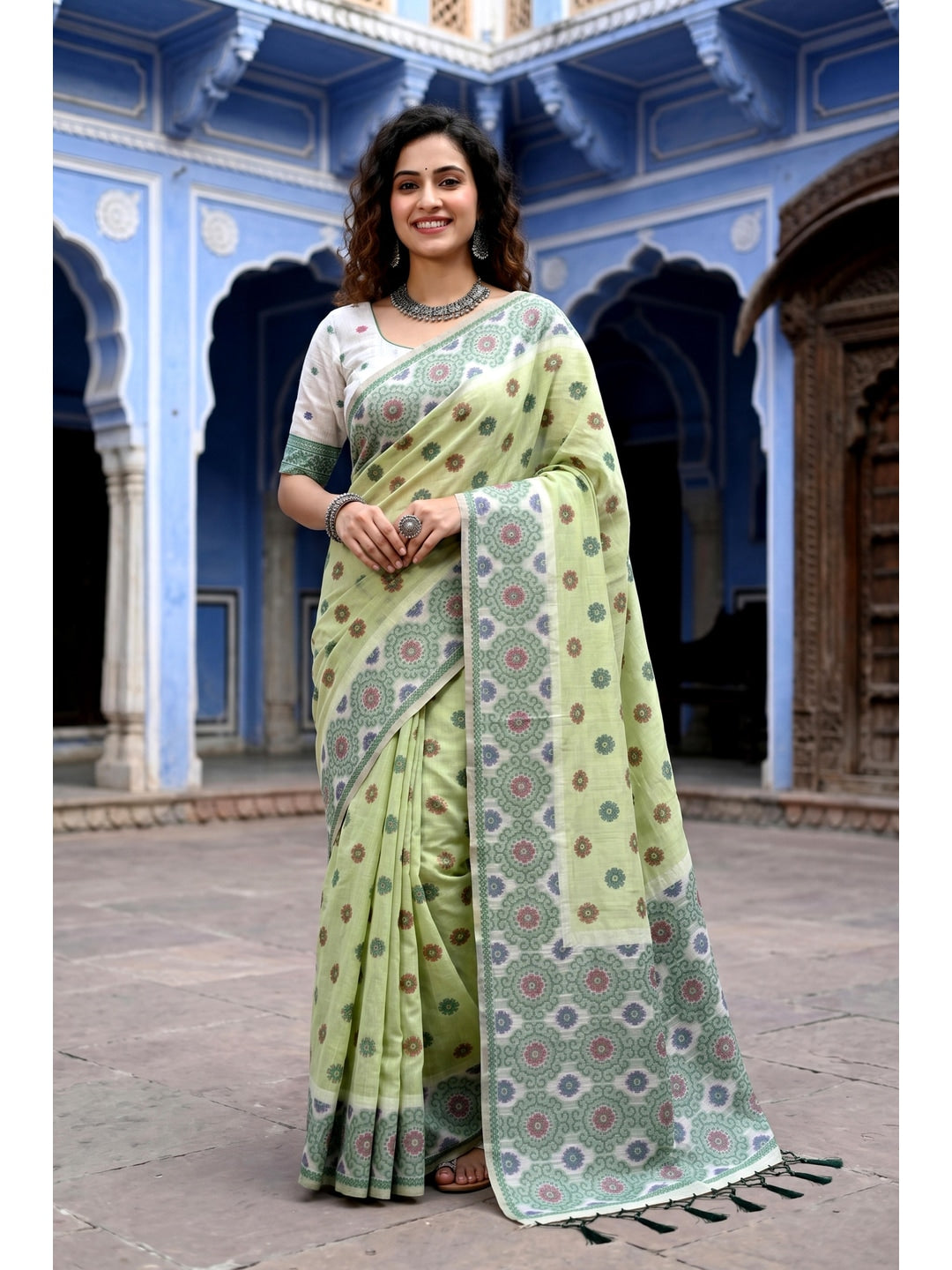 Peachmode Green Cotton Blend Aananya Saree - Image 1