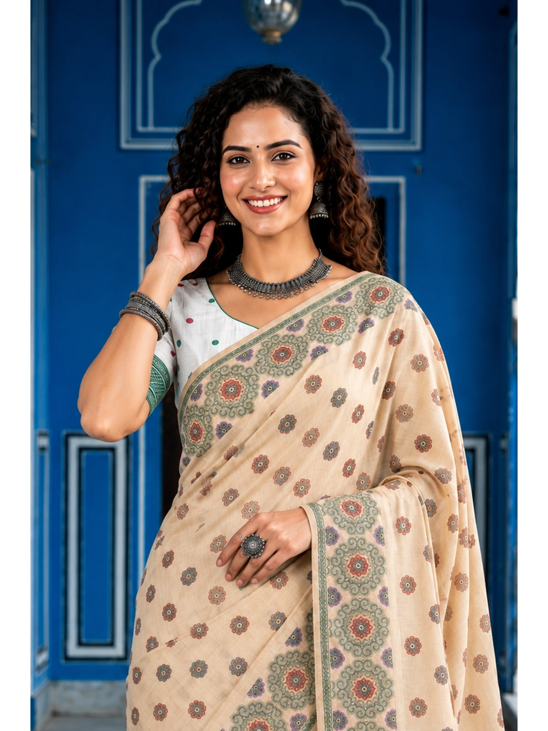 Peachmode Beige Cotton Blend Aananya Saree - Image 2