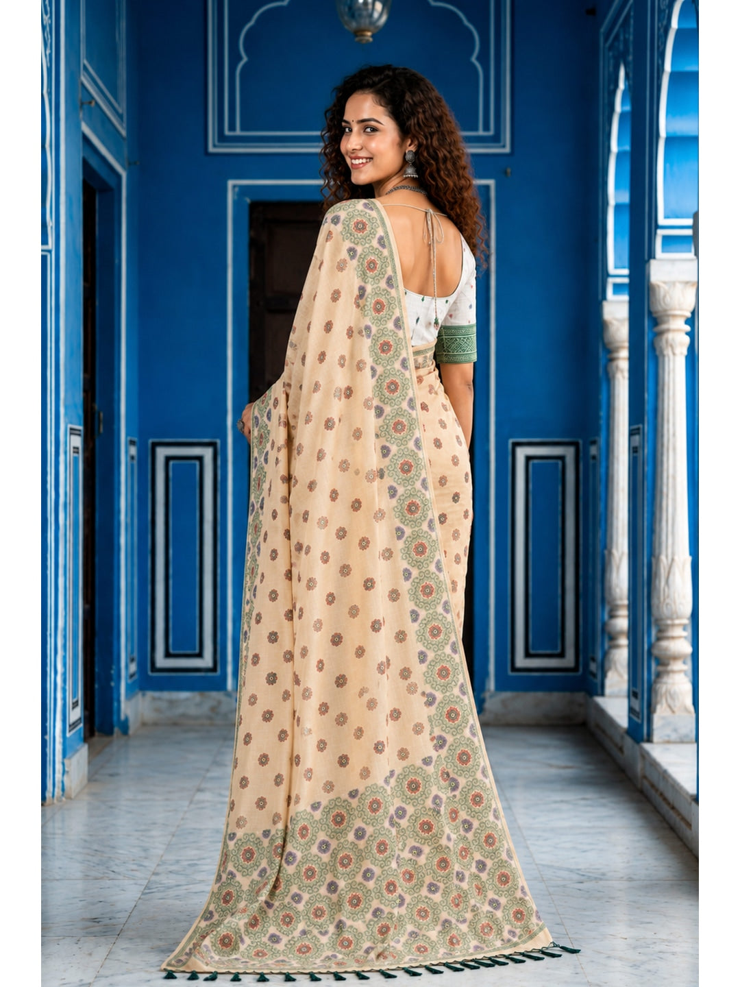 Peachmode Beige Cotton Blend Aananya Saree - Image 3