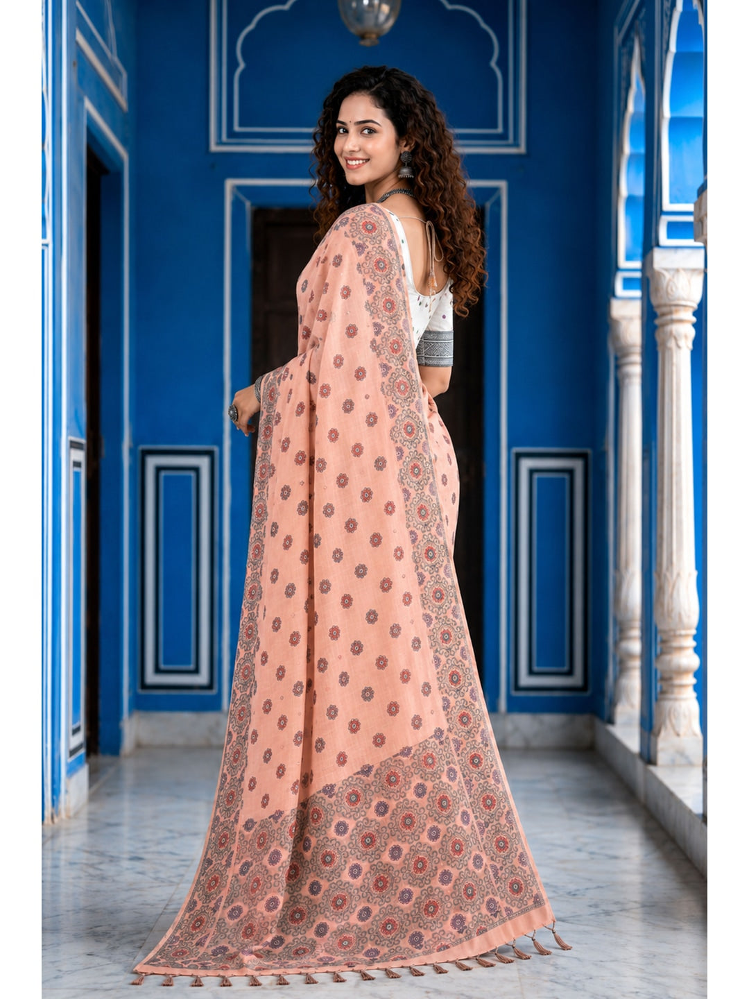 Peachmode Peach Cotton Blend Aananya Saree - Image 3