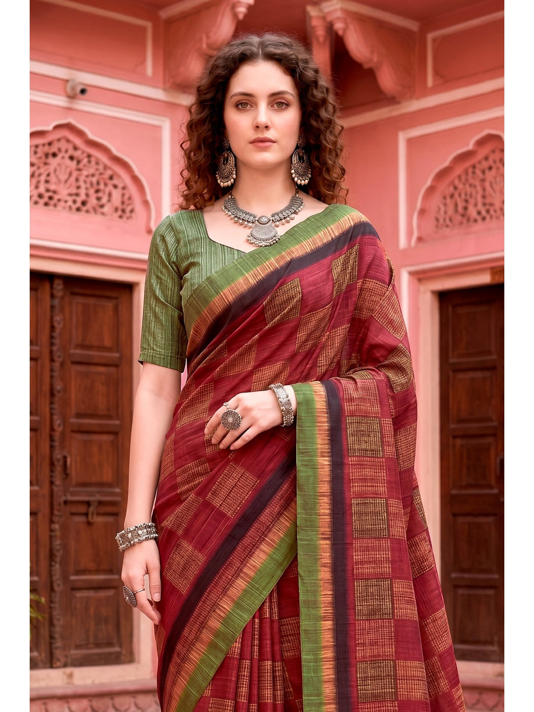 Peachmode Maroon Cotton Blend Aaradhya Saree - Image 3