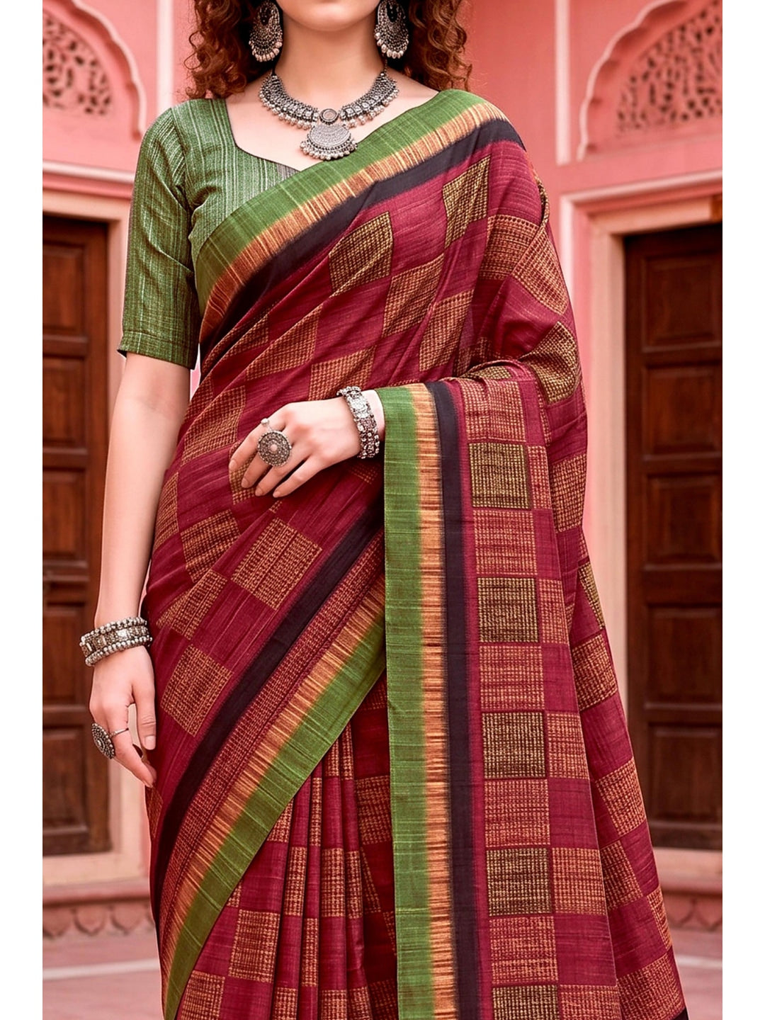 Peachmode Maroon Cotton Blend Aaradhya Saree - Image 5