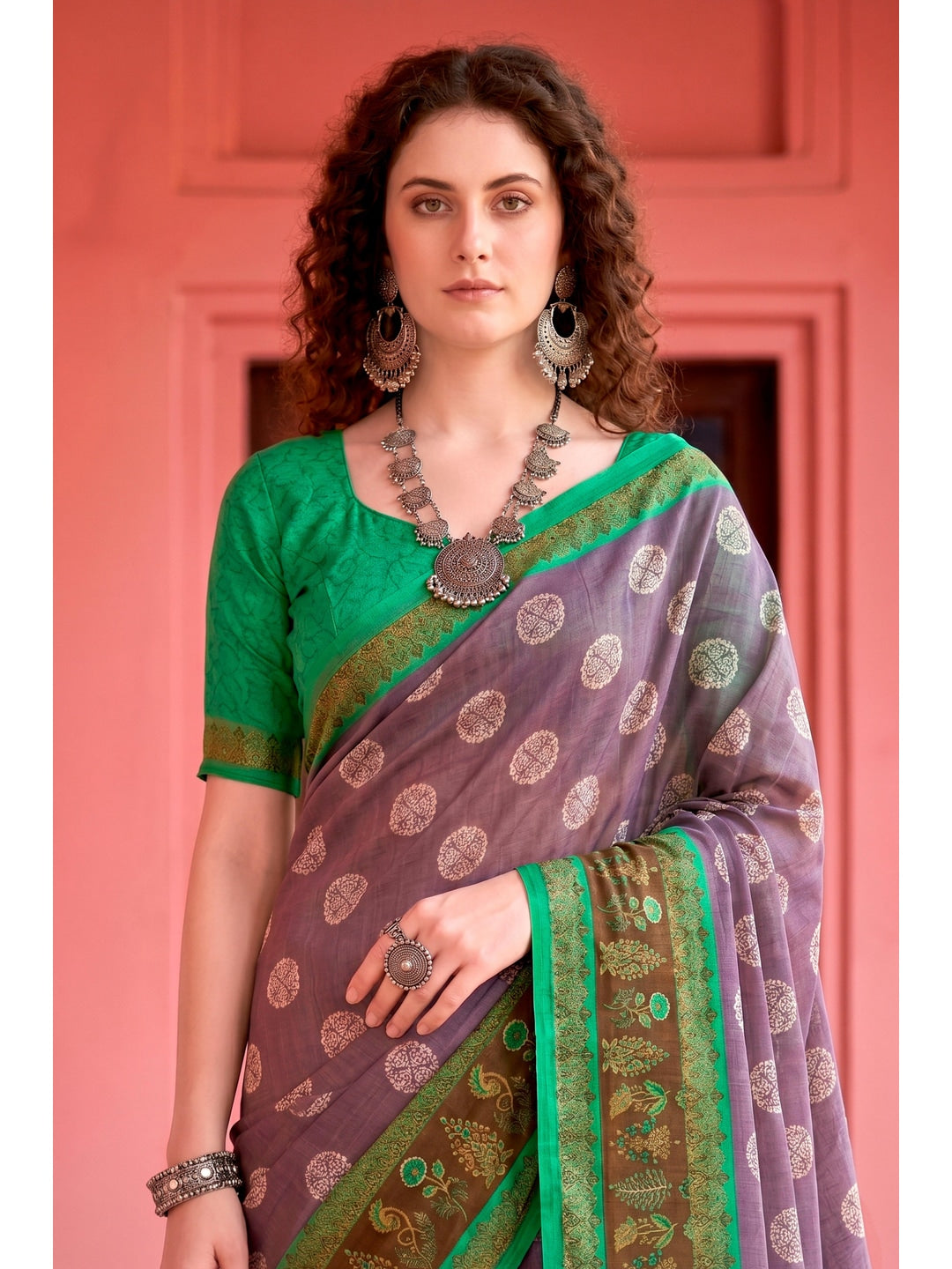 Peachmode Purple Cotton Blend Aaradhya Saree - Image 2