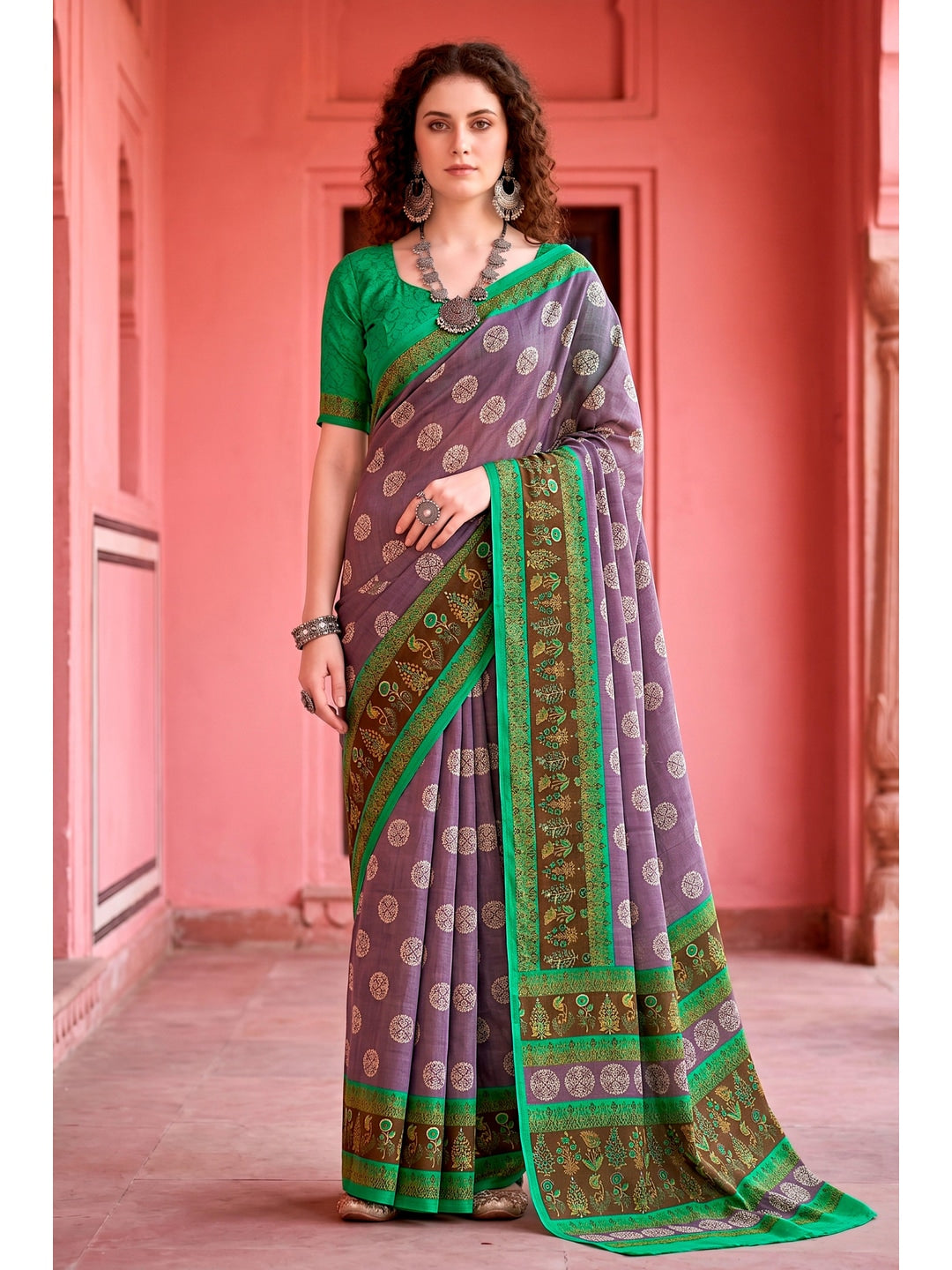 Peachmode Purple Cotton Blend Aaradhya Saree - Image 1