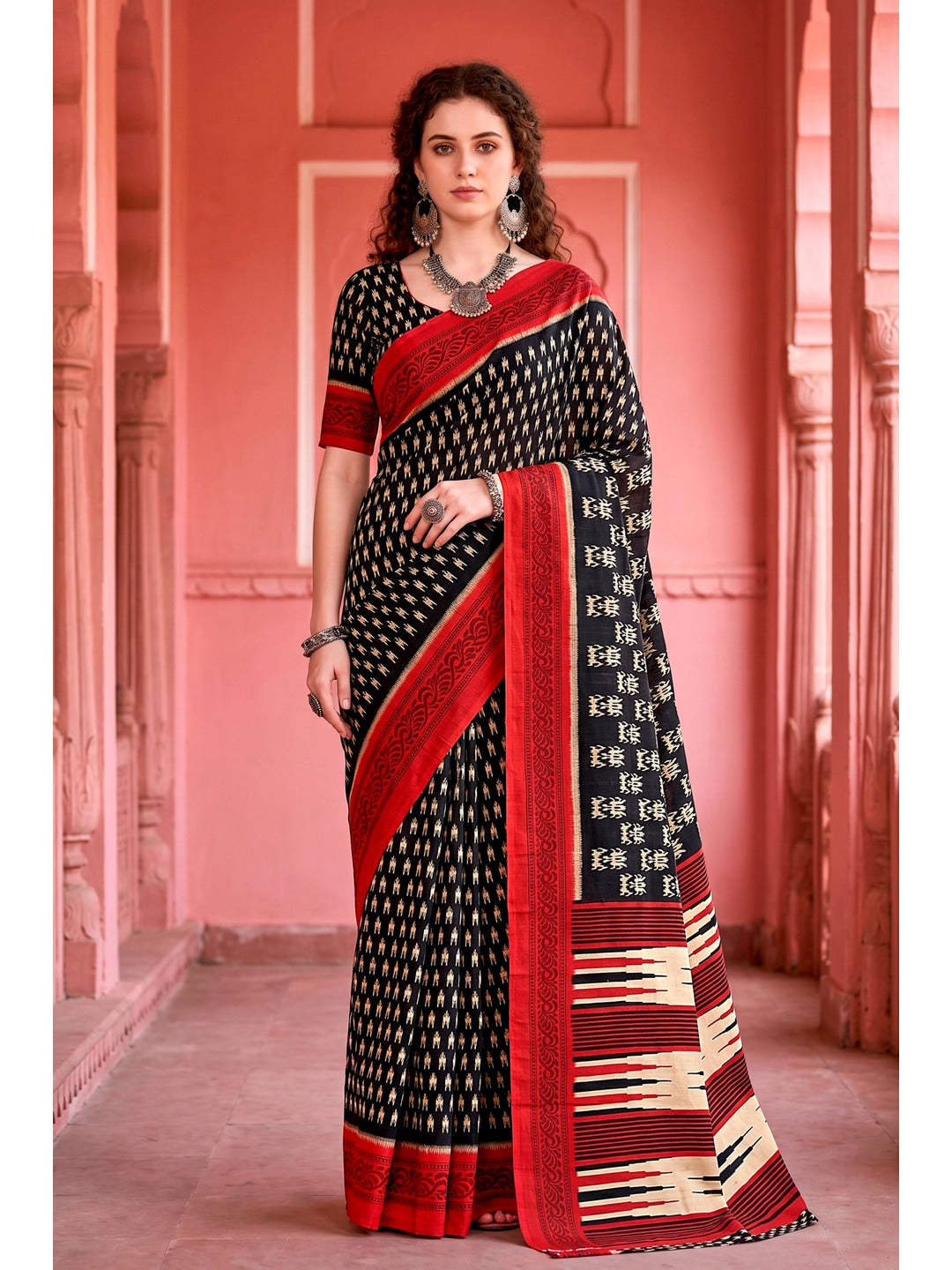 Peachmode Black Cotton Blend Aaradhya Saree - Image 1