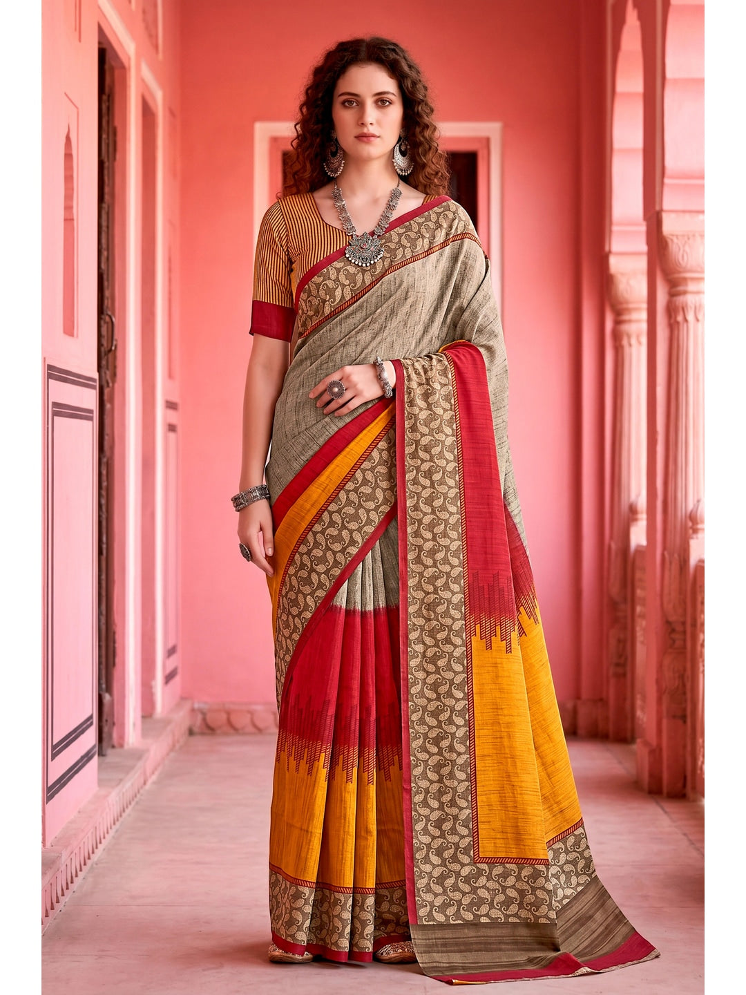 Peachmode Grey Cotton Blend Aaradhya Saree - Image 1