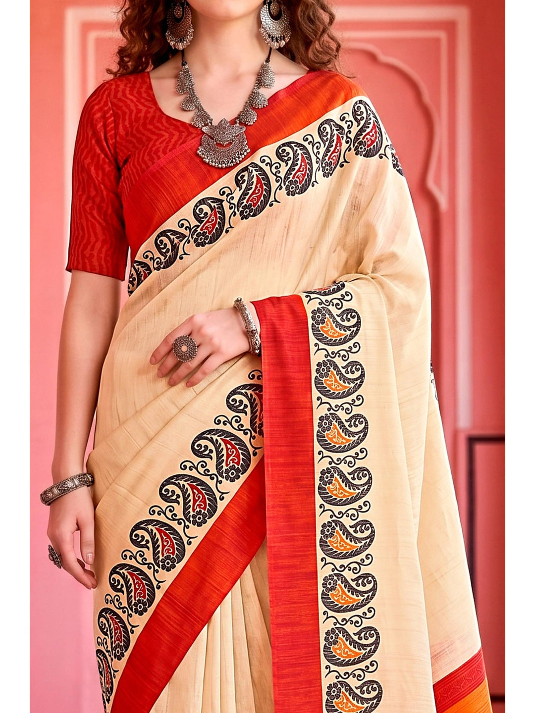 Peachmode Cream Cotton Blend Aaradhya Saree - Image 5