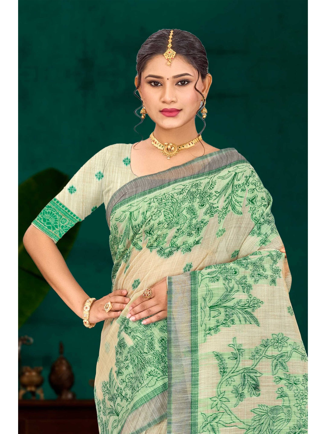 Peachmode Green Cotton Blend Aarika Cotton Saree - Image 2
