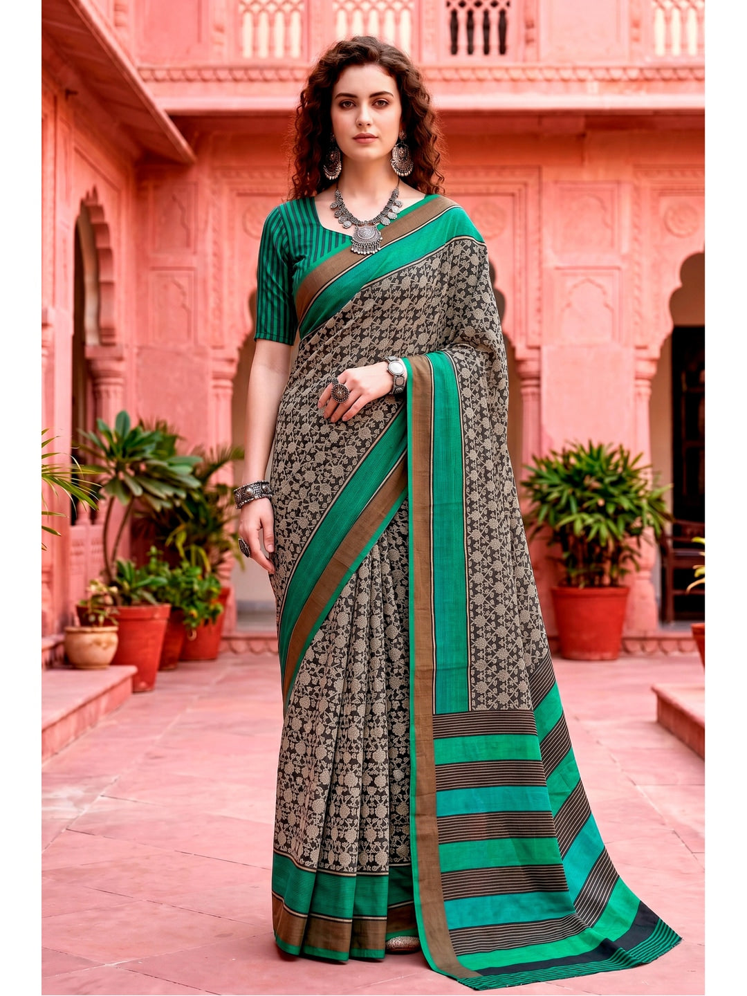 Peachmode Grey Cotton Blend Aaradhya Saree - Image 1