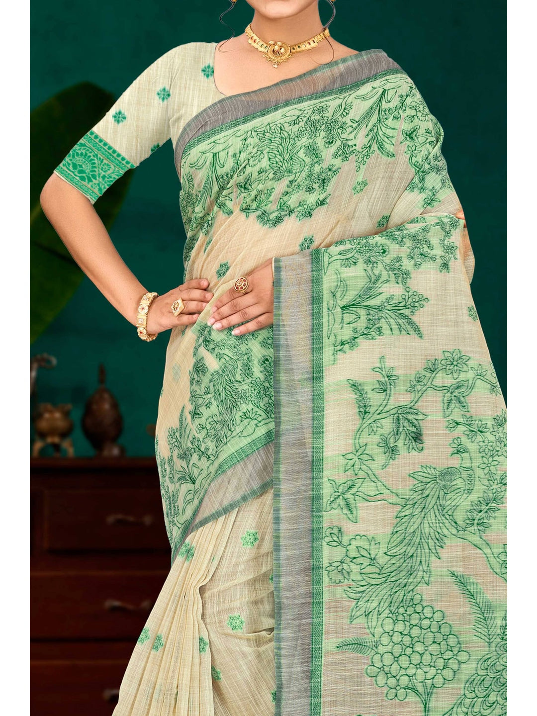 Peachmode Green Cotton Blend Aarika Cotton Saree - Image 5
