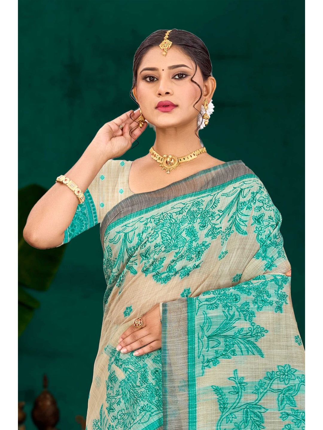 Peachmode Green Cotton Blend Aarika Cotton Saree - Image 2