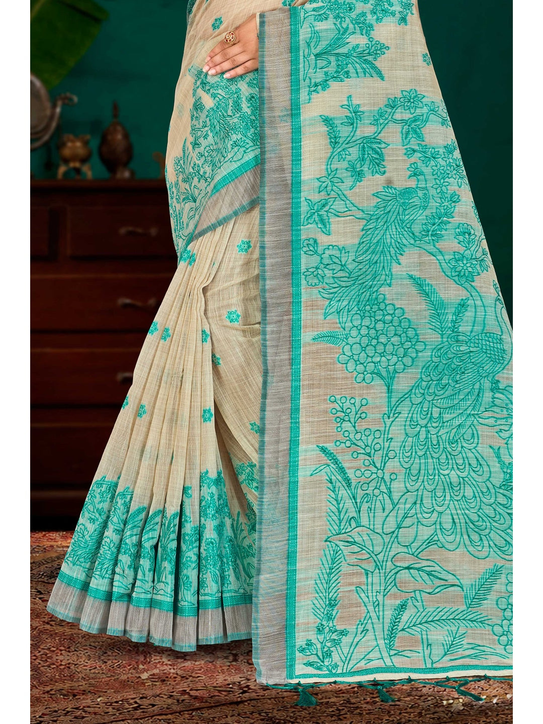 Peachmode Green Cotton Blend Aarika Cotton Saree - Image 3
