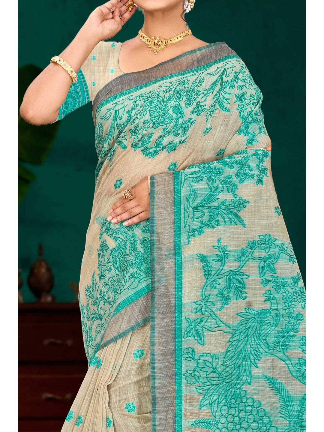 Peachmode Green Cotton Blend Aarika Cotton Saree - Image 5
