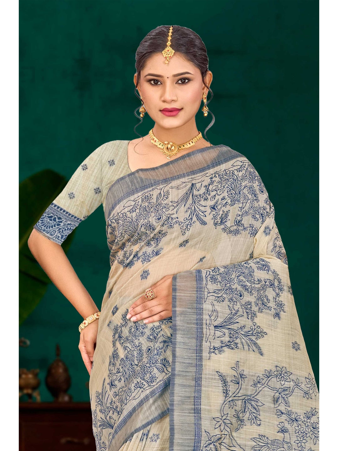 Peachmode Navy Blue Cotton Blend Aarika Cotton Saree - Image 2