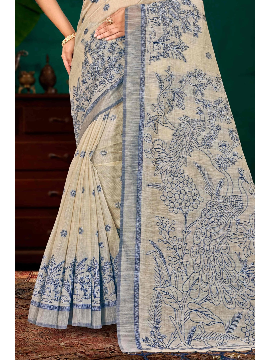 Peachmode Navy Blue Cotton Blend Aarika Cotton Saree - Image 3