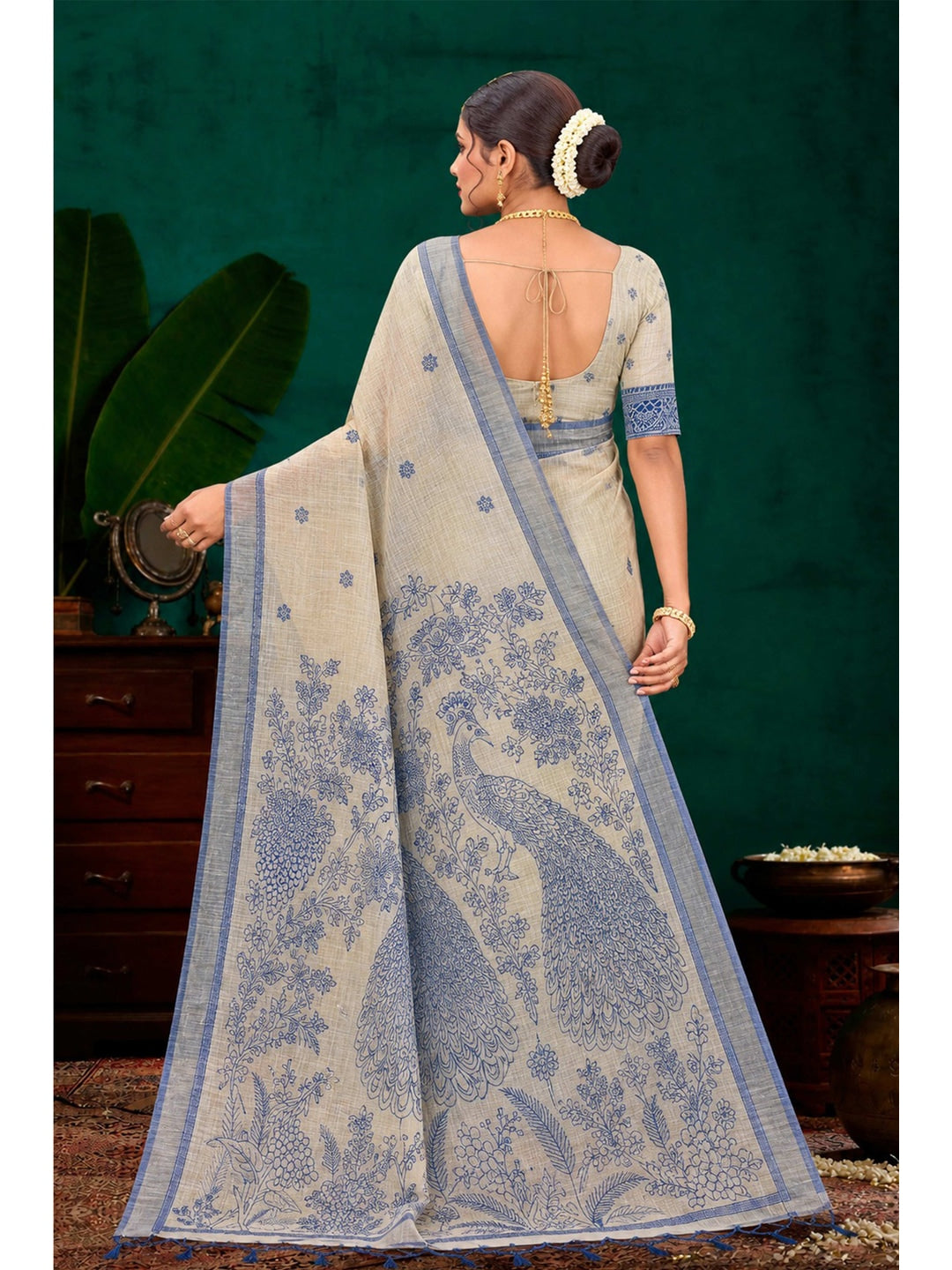 Peachmode Navy Blue Cotton Blend Aarika Cotton Saree - Image 4