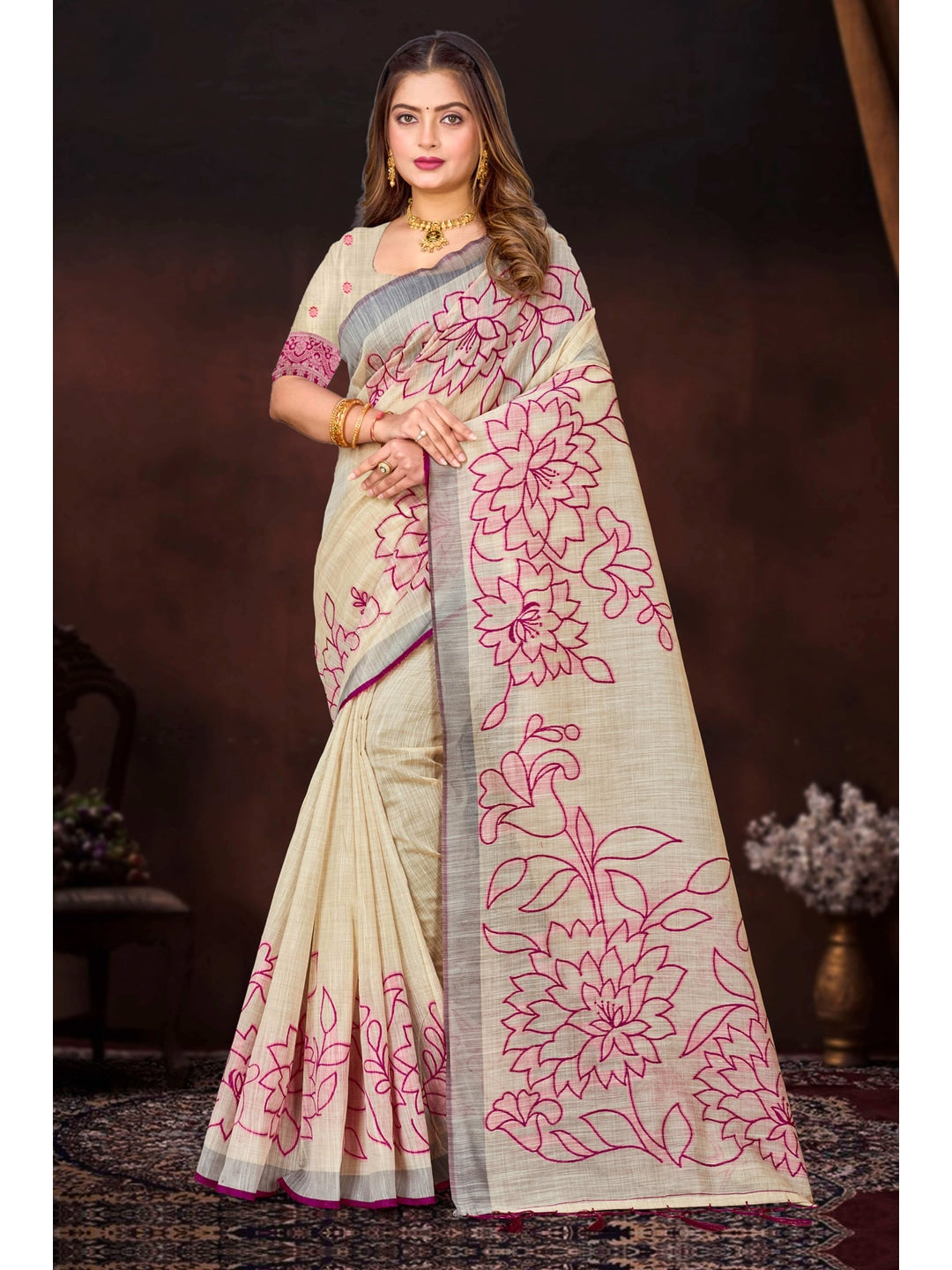 Peachmode Pink Cotton Blend Aarika Cotton Saree - Image 1