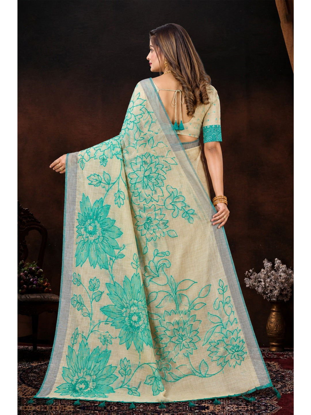 Peachmode Aqua Green Cotton Blend Aarika Cotton new_2 Saree - Image 4