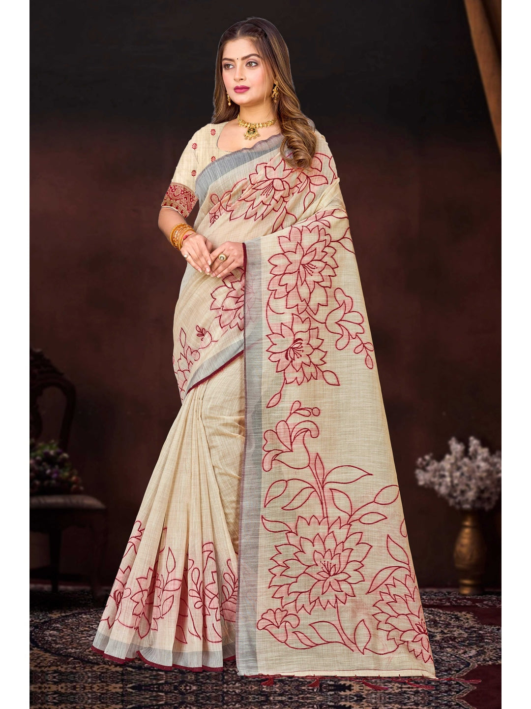 Peachmode Maroon Cotton Blend Aarika Cotton Saree - Image 1