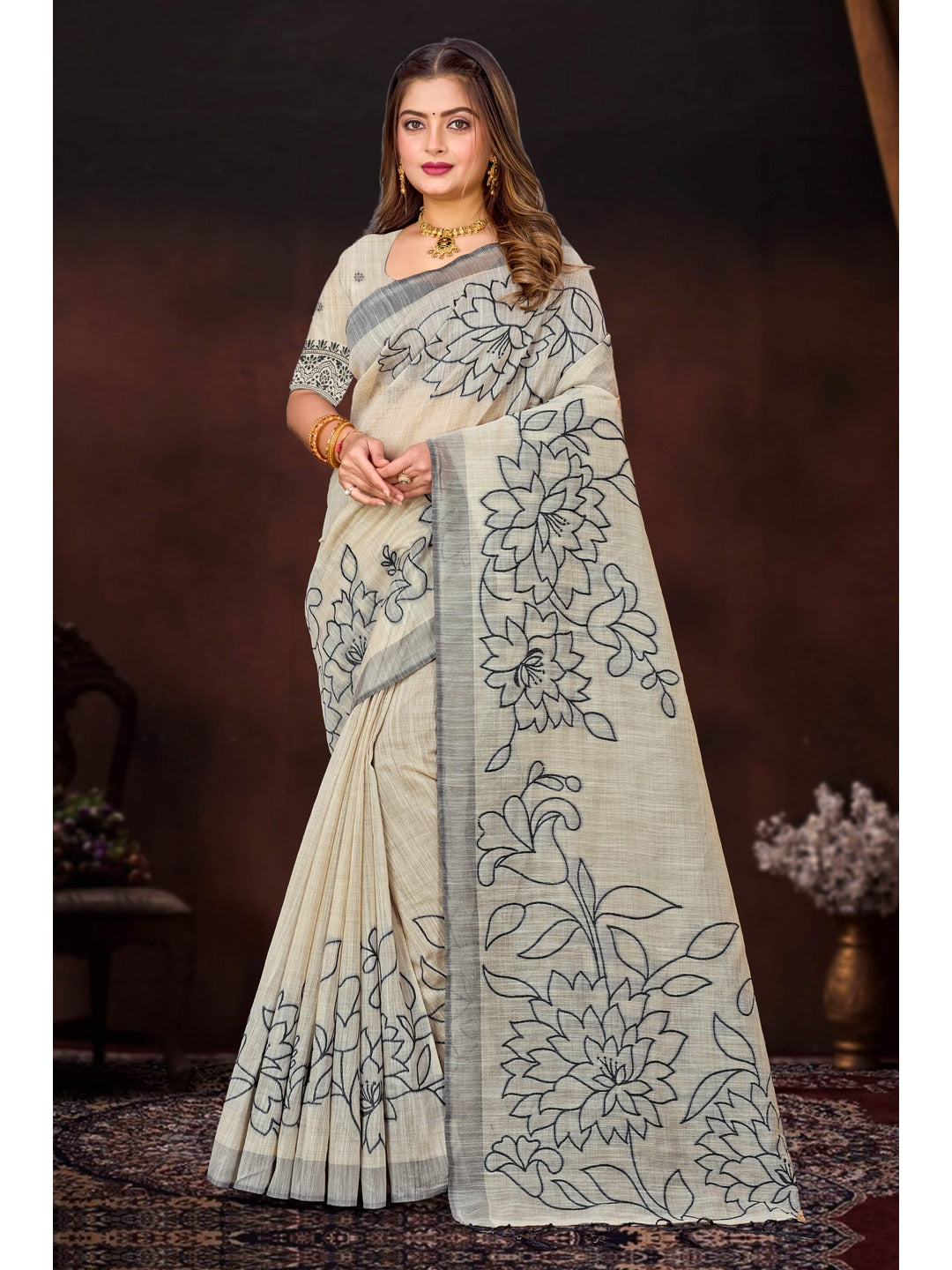 Peachmode Grey Cotton Blend Aarika Cotton Saree - Image 1