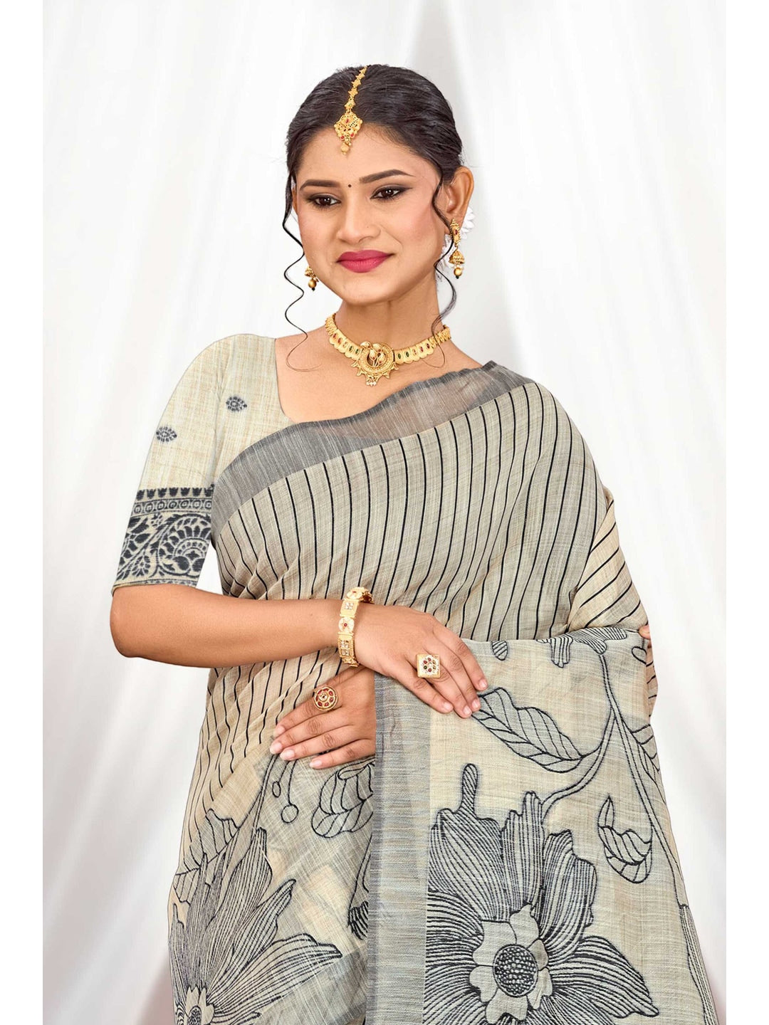 Peachmode Grey Cotton Blend Aarika Cotton Saree - Image 2