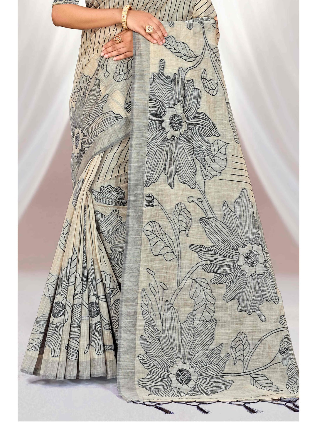 Peachmode Grey Cotton Blend Aarika Cotton Saree - Image 3