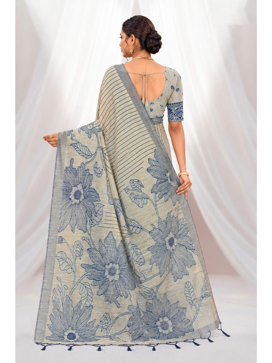 Peachmode Navy Blue Cotton Blend Aarika Cotton Saree - Image 4