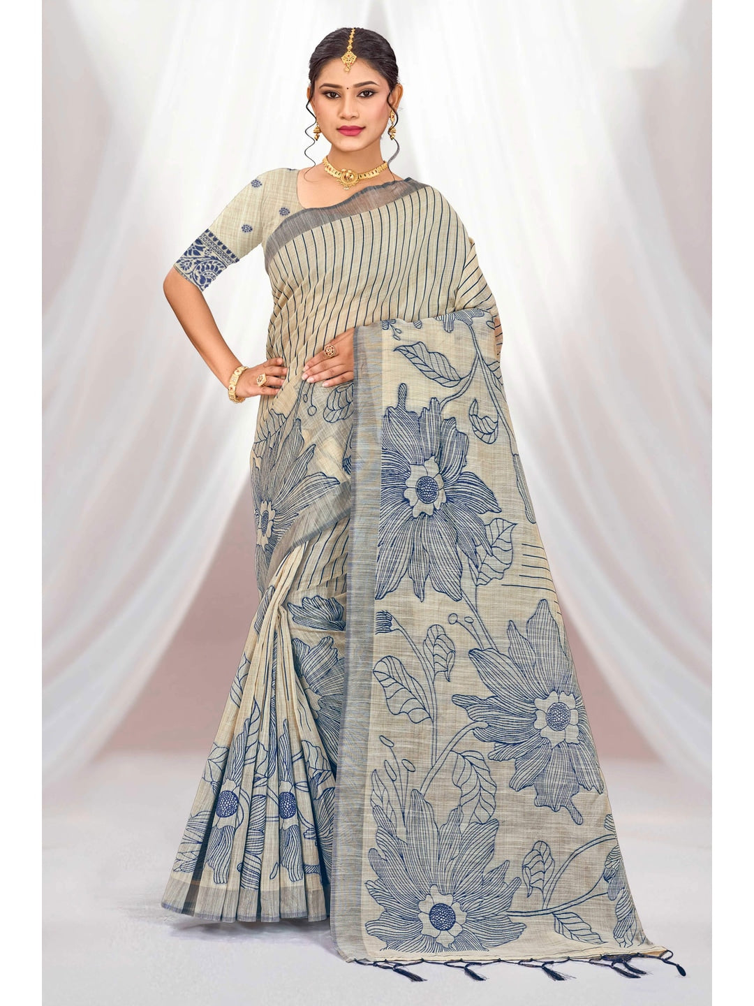 Peachmode Navy Blue Cotton Blend Aarika Cotton Saree - Image 1