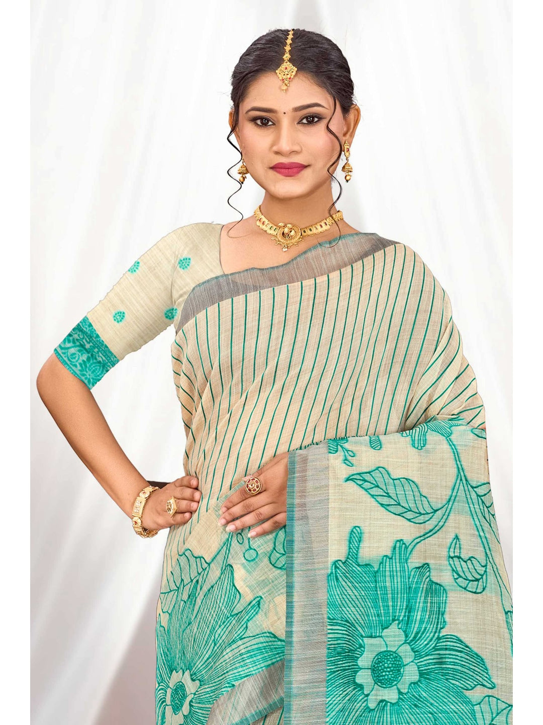 Peachmode Aqua Green Cotton Blend Aarika Cotton Saree - Image 2