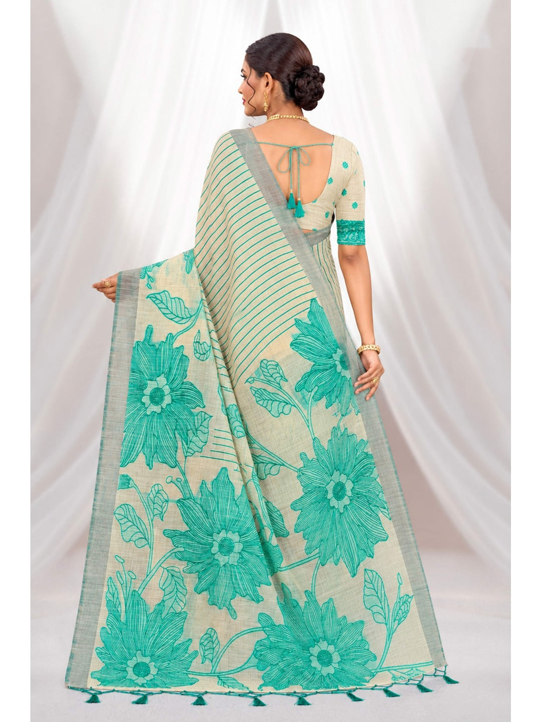 Peachmode Aqua Green Cotton Blend Aarika Cotton Saree - Image 4
