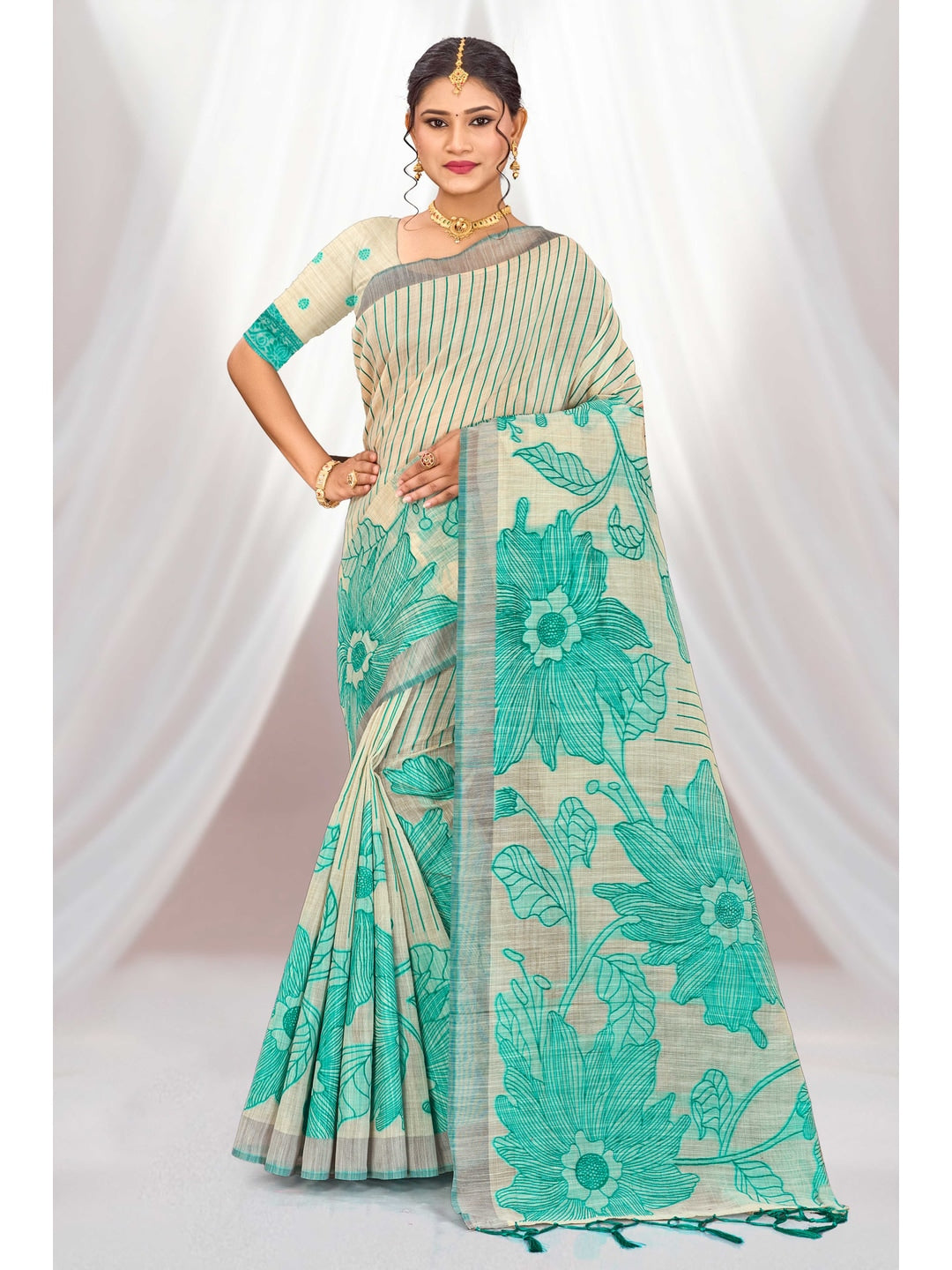 Peachmode Aqua Green Cotton Blend Aarika Cotton Saree - Image 1
