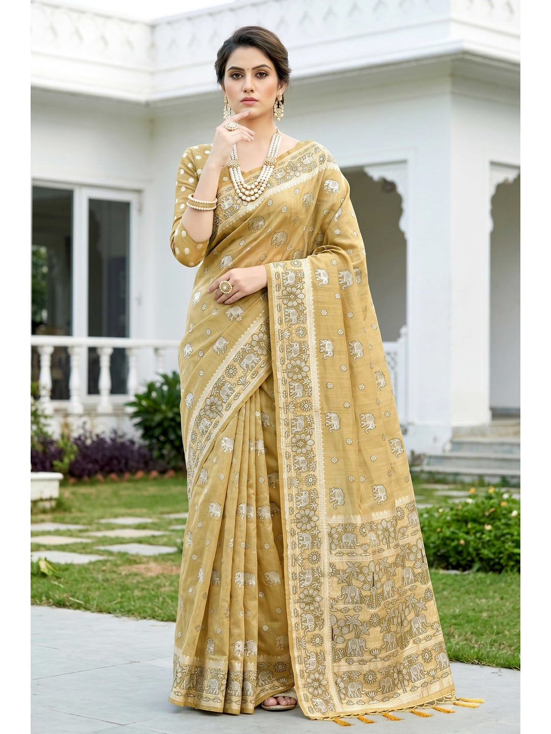 Peachmode Beige Cotton Blend Aarna Saree - Image 1