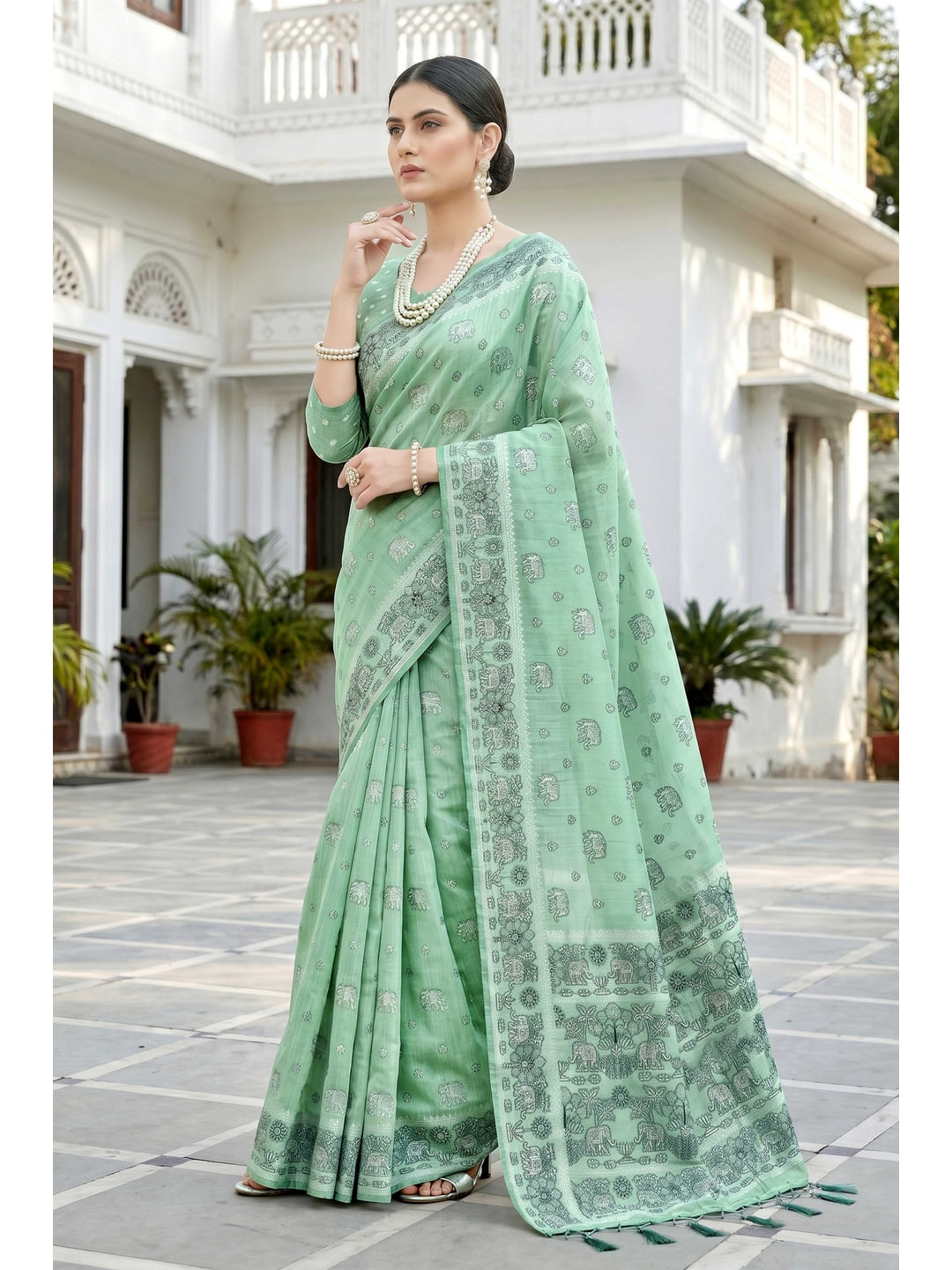 Peachmode Green Cotton Blend Aarna Saree - Image 3