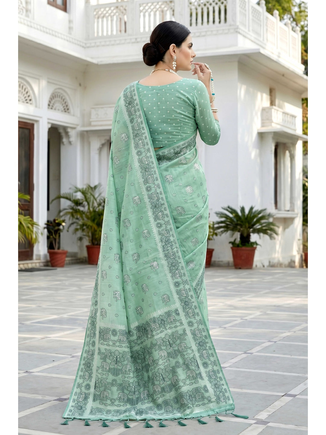 Peachmode Green Cotton Blend Aarna Saree - Image 4