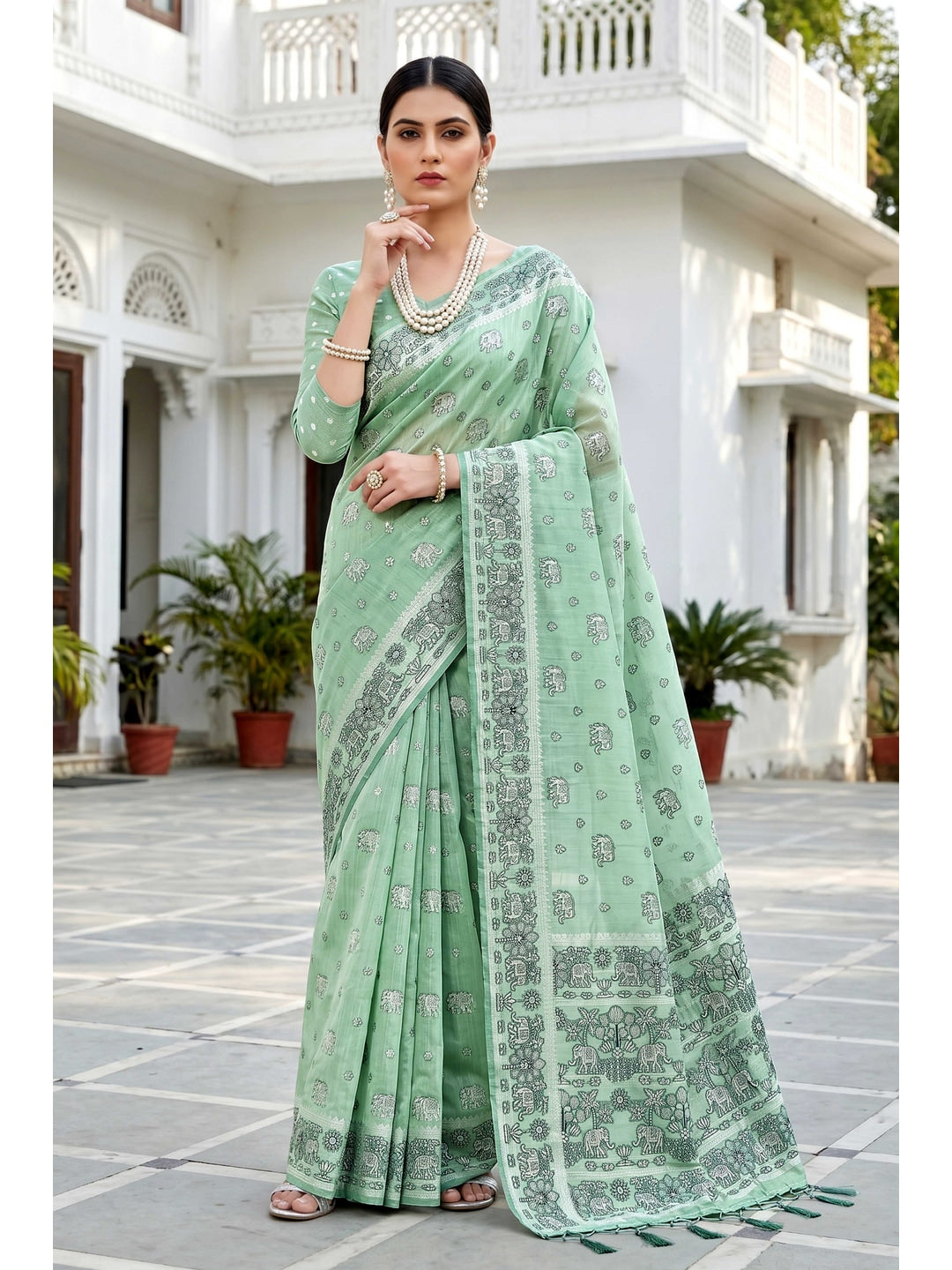 Peachmode Green Cotton Blend Aarna Saree - Image 1