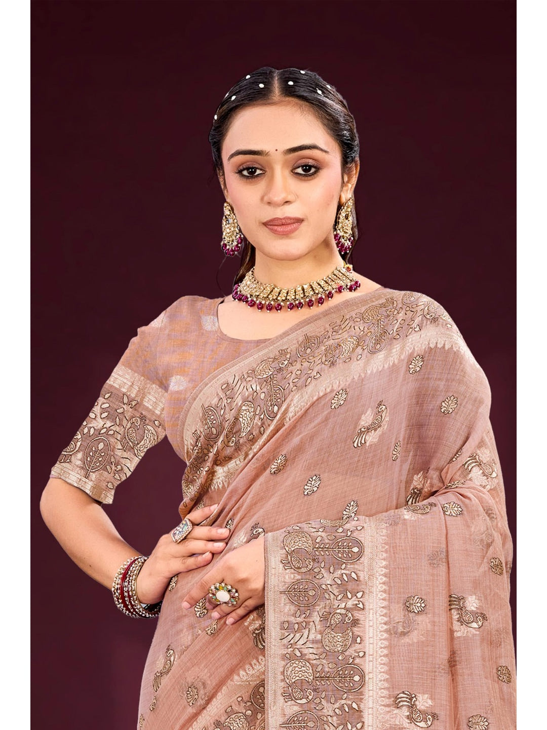 Peachmode Pink Cotton Blend Aarohi cotton Saree - Image 2