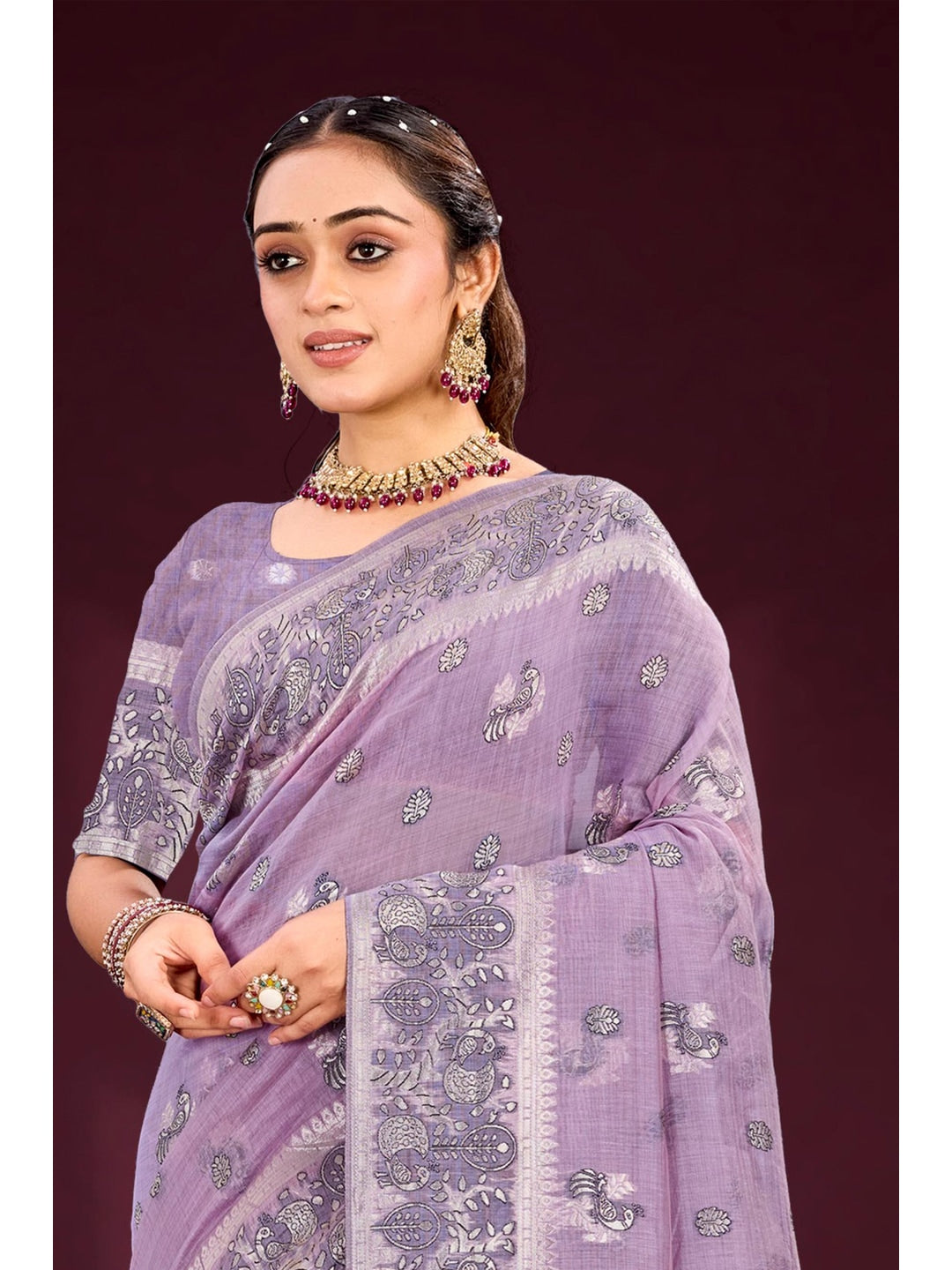 Peachmode Lavender Cotton Blend Aarohi cotton Saree - Image 2