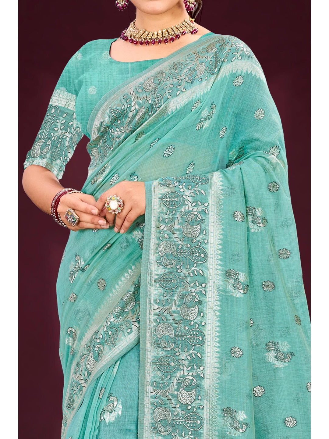 Peachmode Aqua Blue Cotton Blend Aarohi cotton Saree - Image 4