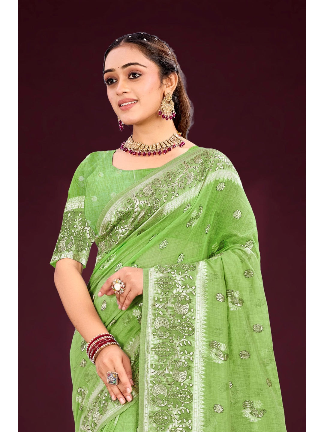 Peachmode Green Cotton Blend Aarohi cotton Saree - Image 2