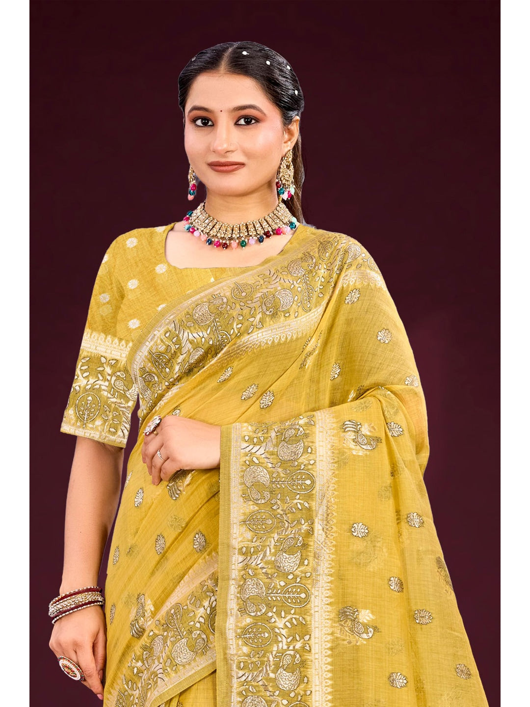 Peachmode Yellow Cotton Blend Aarohi cotton Saree - Image 2