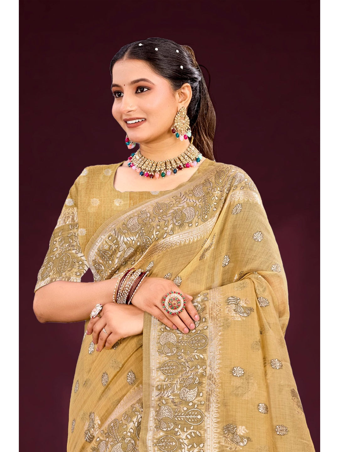 Peachmode Beige Cotton Blend Aarohi cotton Saree - Image 2