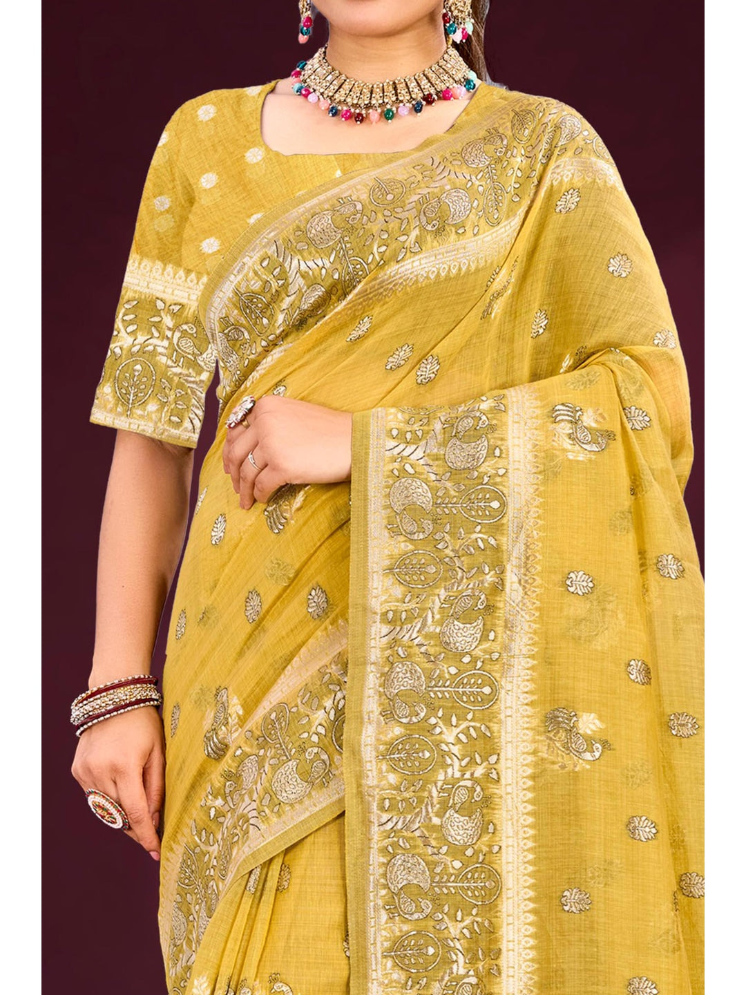 Peachmode Yellow Cotton Blend Aarohi cotton Saree - Image 4